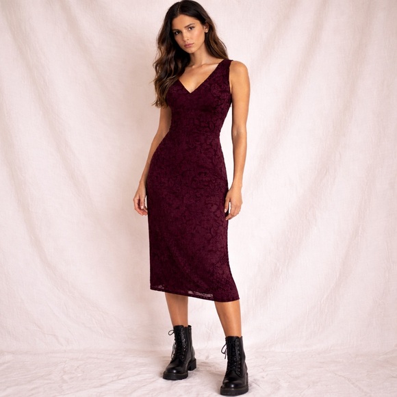 Vintage Dresses & Skirts - Vintage 90s Y2K Velvet Midi Dress Burnout Bodycon Empire Waist L Le Château